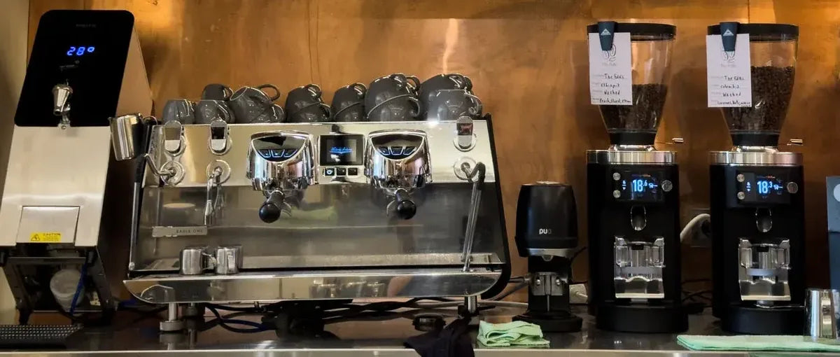 Victoria Arduino espresso machine and grinders on a The Folks bar